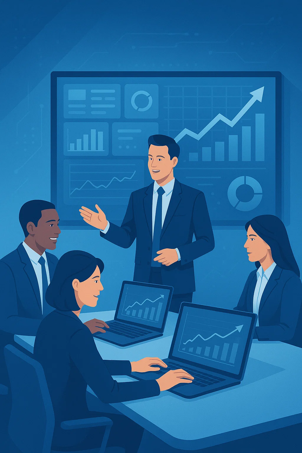 Equipe de negócios analisando dados e crescimento empresarial