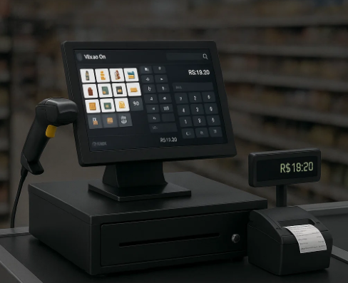Sistema Checkout PDV Visão On-line - Terminal completo em ambiente real de varejo com tela touch, display do cliente, gaveta, leitor e impressora